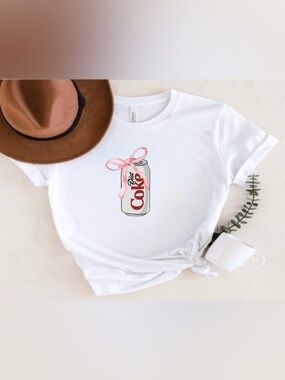 White Tee with Diet Coke Can Graphic and Pink Bow